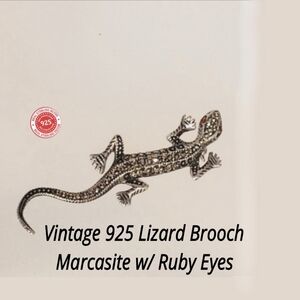 STERLING SILVER LIZARD PIN MARCASITE Red Stone eyes 16MM X 53MM 3.9G bro
